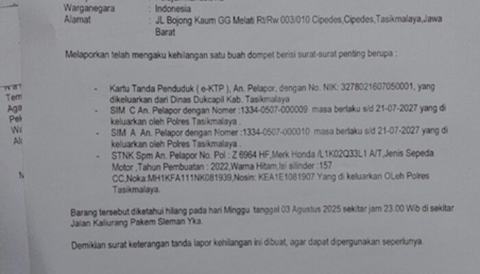 Berita Kehilangan STNK dan Surat Penting Lainnya atas nama  Reihan Emba Ananda